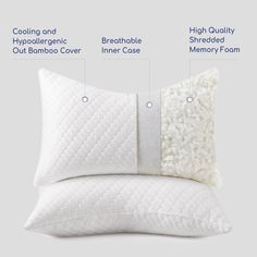 two pillows with different types of pillow covers on top of each other, labeled in text