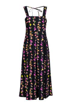 Make a stunning statement in this playful Banjanan midi dress! Crisp pleats add movement to the skirt, while the square neck and tie back detail elevate the look. Crafted from 100% cotton, this dress features a stunning floral print in pink and yellow. Perfect for brunch or vacation, style with a bright strappy heel for a fun and vibrant outfit. Size M 100% Cotton Unlined Concealed side zipper Midi length Side pockets Tie-back detail Smocked back Bust 33" Waist 40" Shoulder to hem 50" Spring A-line Midi Dress With Tie Straps, Spring Sleeveless Midi Dress With Fitted Bodice, Lined Sleeveless Midi Sundress, Lined Sleeveless Sundress Midi Length, Black Sleeveless Maxi Dress With Tie Straps, Sleeveless Black Maxi Dress With Tie Straps, Spring A-line Maxi Dress With Tie Back, Square Neck Lined Midi Dress For Casual Wear, Spring Midi Dress With Spaghetti Straps And Lining