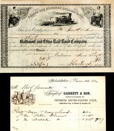 two old stock certificates, one with an image of a train and the other has writing on it