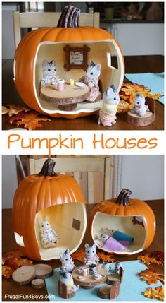 the pumpkin house is made out of wood and has mice in it, including cats