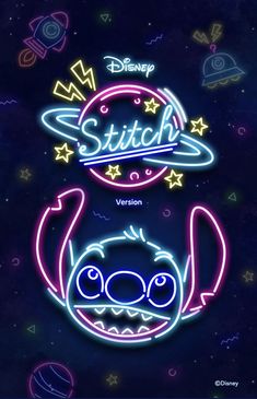 the back side of a neon sign that says stitch and features an image of a cartoon character