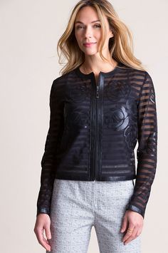 Sheer and spectacular, our lightweight leather-on-mesh jacket raises fashion to exotic new heights. Free shipping   returns. Suede Outfit, Casual Leather Jacket, Mesh Jacket, Rose Motif, Leather Frames, Sheepskin Coat, Leather Jackets Women, A Rose, Lambskin Leather