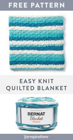 the bernat easy knit quilt kit is shown with instructions to make it in blue and white