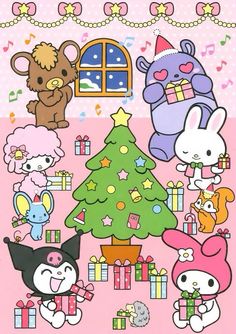 hello kitty christmas card with many different animals around the tree and presents on the floor