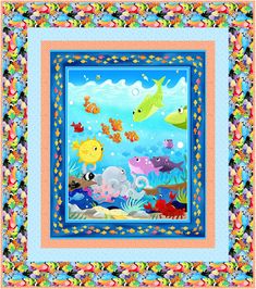 a colorful quilt with fish and sea animals on it's border, in the middle of an ocean scene