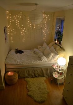 a cat is laying on the bed in this bedroom with lights strung above it and a rug