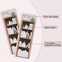 two bookshelves with labels labeled in english