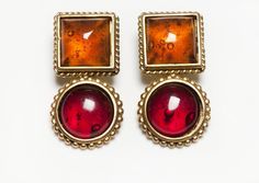 Isabel Canovas Earrings Vintage Gold Glass Earrings, Elegant Lucite Earrings For Party, Red Formal Costume Jewelry Earrings, Red Costume Jewelry Earrings For Formal Occasions, Vintage Glass Jewelry With Matching Earrings, Classic Red Cabochon Earrings, Orange Clip-on Earrings For Formal Occasions, Formal Glass Drop Earrings, Formal Orange Clip-on Earrings