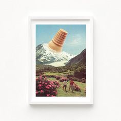 two people are standing in front of a mountain with a large cone on it's head