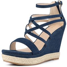 Looking for a stylish and comfortable pair of sandals to add to your wardrobe? Look no further than these ankle-strap espadrille platform sandals! These sandals feature a denim fabric for a casual look, with a single strap and strappy design at the upper, as well as an ankle strap and back zipper for easy wear. Plus, with an espadrille wedge heel and platform, these sandals offer just the right amount of height and style. The outsole is made of TPR, while the heel is made of PVC+TPR, making thes Open Toe Denim Sandals For Summer, Trendy Denim Blue Sandals With Round Toe, Denim Open Toe Sandals For Summer, Summer Denim Open Toe Sandals, Trendy Denim Blue Round Toe Sandals, Denim Open Toe Sandals With Buckle Closure, Blue Summer Wedge Sandals With Buckle Closure, Blue Buckle Closure Wedge Sandals For Summer, Blue Denim Sandals With Removable Insole