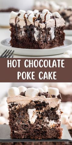 two pictures showing the same chocolate poke cake with marshmallows on top and hot chocolate poke cake in the middle