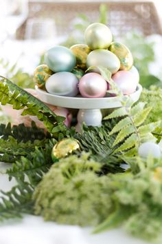 a bowl filled with eggs sitting on top of a table next to ferns and plants