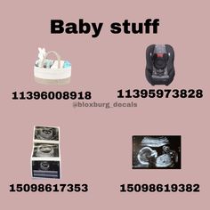 the baby stuff is displayed in black and white on a pink background, including an infant's car seat