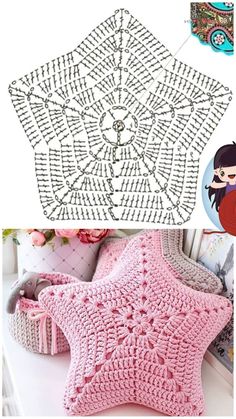 the crochet pattern is shown with an image of a star pillow and other items