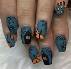 Short Fall Set Nails, Summerween Nails, Ongles Halloween, Nail Halloween, Halloween Nail Art Easy, Holloween Nails, Halloween Nails Easy, Halloween Acrylic Nails, October Nails