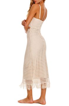 This cotton-blend midi dress boasts beautiful embroidery details and fringey trim for a breezy look that looks at home by the water. 45" length Back zip closure Square neck Adjustable straps Stretch lining 90% cotton, 10% polyester Hand wash, line dry Imported Beach Season Midi Crochet Dress, Vacation Midi Dress With Tassels, Spring Crochet Fringe Dress For Beach Cover-up, Beach Midi Dress With Fringe Detail, Elegant Beach Midi Dress With Fringe, Fringe Midi Beach Dress, Knee-length Fringe Midi Dress For Summer, Beach Midi Dress With Fringe, Beach Midi Dress With Tassels