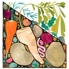 a painting of carrots, radishes and other vegetables on a mosaic tile