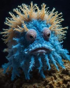 a close up of a blue and yellow puffer fish with its eyes open, looking at the camera