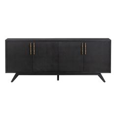 the sideboard is black with gold handles and two doors on each side, it has a