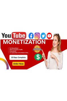 a woman pointing to the side of a sign that says you tube monetization