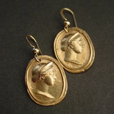 Hera Goddess Earrings - Juno - Intaglio - Antique Cameo Jewelry - Victorian Earrings Heirloom Style Drop Earrings, Elegant Medallion Earrings For Gift, Engraved Brass Earrings For Anniversary, Heirloom Engraved Earrings As Gift, Yellow Gold Medallion Brass Earrings, Brass Medallion Earrings As A Gift, Brass Medallion Earrings For Pierced Ears, Elegant Hand Cast Gold Earrings, Bronze Engraved Brass Earrings