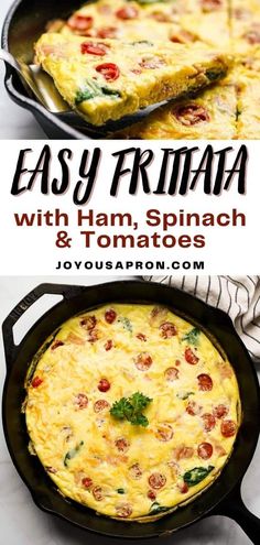 an easy frittata with ham, spinach and tomatoes in a cast iron skillet