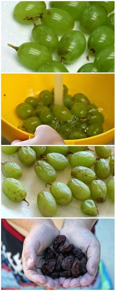 green grapes are shown in three different pictures, one being peeled and the other is uncooked