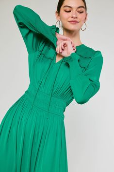 Done in a vibrant green, this long-sleeve V-neck midi dress is a vision of sophistication and femininity. The tie-up neckline and ruffle trim add to the allure, and the smocked peplum creates definition at the waist. This one will become a fast favorite. •Relaxed fit •V-neck with tie detail •Ruffle trim •Elasticized waist •Long sleeves •Mid-length hem DIMENSIONS •Standard: 49" Length Item number 1990036CA100% Polyester Gentle cycle cold water Green Non-stretch V-neck Midi Dress, Green V-neck Midi Dress With Relaxed Fit, Green V-neck Smocked Dress With Ruched Details, Green A-line Midi Dress With Ruched Detail, Green V-neck Relaxed Fit Midi Dress, Water Modeling, V Neck Midi Dress, Special Dresses, Green Midi Dress