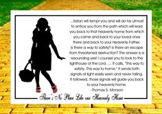 a woman walking down a brick road with a bag and purse in her hand, next to a quote from thomas s monsson