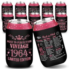 six black and pink soda cans with white lettering on the front, one is labeled aged to perfection vintage 1940