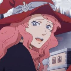 a woman with pink hair wearing a red hat