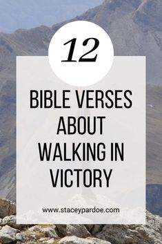 a person standing on top of a mountain with the words 12 bible verses about walking in victory