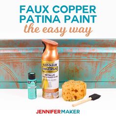 a bottle of paint next to some other items on a white surface with text overlay that reads faux copper patina paint the easy way