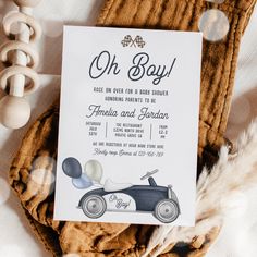 a wedding card with an image of a vintage car on it and the words oh boy written in cursive writing