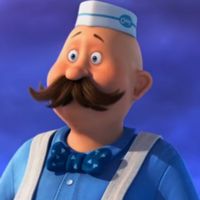 an animated man with a mustache and bow tie on his head, in front of a blue background