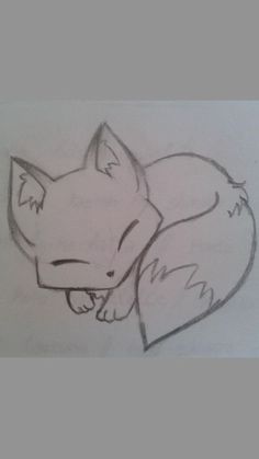 a drawing of a fox sleeping with its head on the back of it's tail