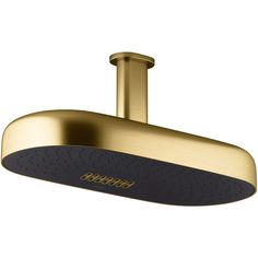 an overhead shower head in gold and black with the word,'bathtub'on it