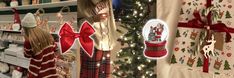 two women are looking at christmas stockings on display in a store with lights and decorations