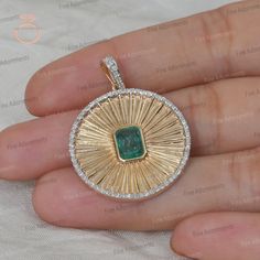 Solid 14k Yellow Gold Round Disc Pendant Handmade Natural Emerald Pave Diamond Jewelry Sunburst Trendy Pendant Necklace Gold Medallion Jewelry Beautiful Emerald Charm Big Pendant Gift For Her New Design Top Quality Trendy Pendant Necklace. PEMJ-1923 This beautiful disc pendant is made of solid 14k yellow gold and have natural emerald with diamonds. Emerald blesses the wearer with good health, greater courage, self-confidence, success, name and fame. It also helps in improving relations with superior authority. You are likely to see an increase in confidence after wearing a Emerald.  You will definitely going to fall in love with its beauty.  It can be an ideal gift for yourself or your loved ones. 14k Yellow Gold wt: 4.72gm  Diamond wt: 0.34ct Diamond Pcs : 72 Emerald wt: 0.65ct Pendant Si Luxury Gold-plated Diamond Necklace With Round Pendant, Luxury 22k Gold Jewelry With Round Pendant, Gold Emerald Jewelry With Diamond Cut, Gold Emerald Jewelry, Round Shape, Gold Emerald Jewelry With Round Shape, Green Medallion Jewelry For Anniversary, Round Diamond Cut Emerald Jewelry, Big Pendant Gold, Medallion Jewelry