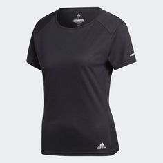 Adidas Run Tee Shirt Size S Color Black This Women's Running Tee Is Made From Moisture-Wicking Climalite Fabric To Draw Sweat Away From Your Skin. The Lightweight, Recycled Fabric Has A Smooth Feel And Allows You To Move Easily For A Natural Fit. The Wide Crewneck T-Shirt Is Finished With Reflective Details. Short Sleeve, Wider Crewneck, Climalite Fabric Sweeps Sweat Away From Your Skin, Reflective Details, 51% Polyester, 49% Recycled Polyester. Camisa Adidas, Adidas Tee, Round Neck Shirt, Running Shirts, Adidas Tops, Adidas Performance, Sport Running, Black Media, Black Adidas