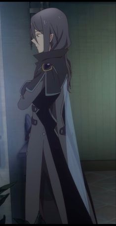 an anime character with long black hair wearing a trench coat and standing in a dimly lit room