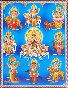 the seven avatars of hindu deities on a blue and yellow background with gold accents