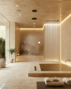 a bathroom with a large bathtub next to a wall mounted shower head and two white towels on the floor