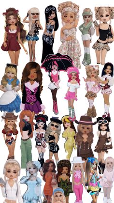 many different types of dolls are shown together