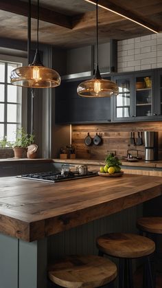 a kitchen with wooden counter tops and stools