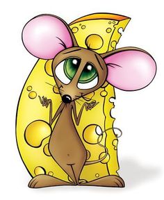 a cartoon mouse sitting on top of a piece of cheese with green eyes and ears