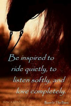 a horse's head with the words be inspired to ride quietly, listen softly and love completely