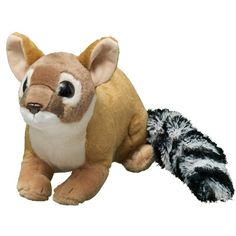 the stuffed animal is brown and white with black stripes on it's tail,