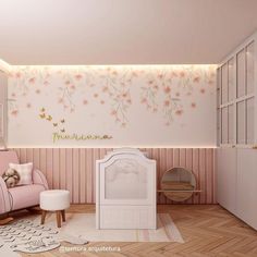 a room with pink furniture and flowers painted on the wall, along with wooden flooring