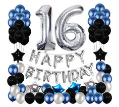 the 16th birthday balloon decoration is shown with balloons and streamers in black, white, and blue colors